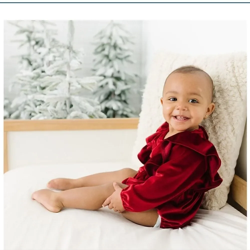 NWOT Red Cranberry Candy Apple Velvet Long Sleeve Bubble Romper Girls 18-24M